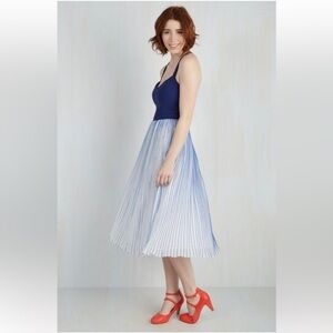 ModCloth Blue Bustier Pleated Midi Dress Criss Cross Back S “You Swish” Dress